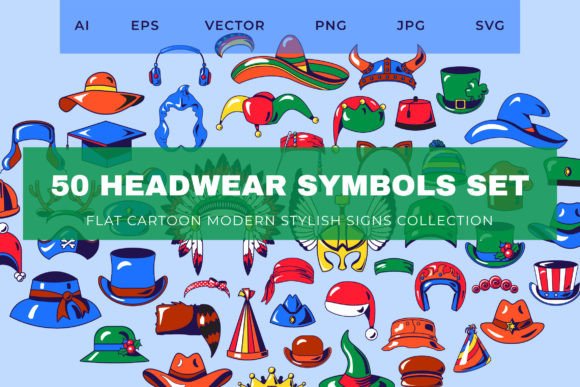 50 Cartoon Headwear Symbols Set