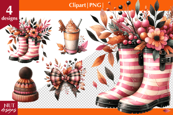 Autumn Clipart: Fall Boots, Bow, Latte, and Hat Designs