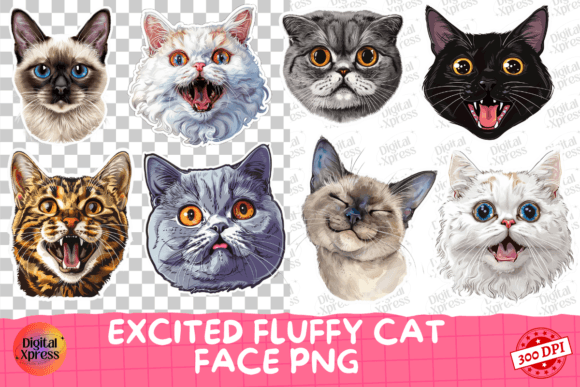 Excited Fluffy Cat Face PNG