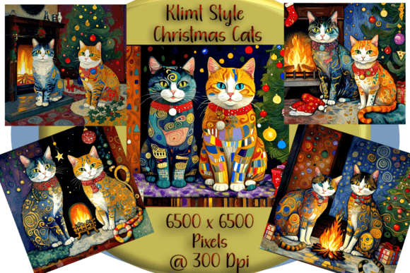 Klimt-Inspired Christmas Cats Set of 5